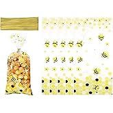 ZZHXSN 100pcs Bee Party Favor Bags, Transparent Candy Bag, Plastic Candy Gift Bag with 100 Silver Twist Ties for Birthday, Shower Supplies