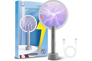 Electric Fly Swatter Racket, Mosiller 2 in 1 Bug Zapper with Type-C Rechargeable Base, 4000V Mosquito Killer with 3-Layer Safety Mesh for Pest Insect Control for Indoor、Office、Camping(Grey-1 Pack)