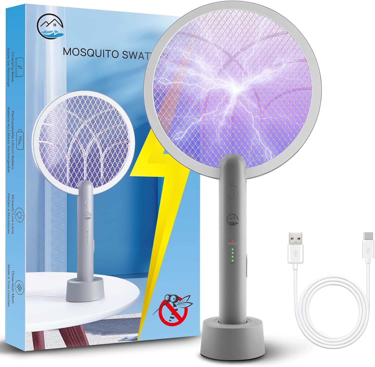 Photo 1 of Electric Fly Swatter Racket, Mosiller 2 in 1 Bug Zapper with Type-C Rechargeable Base, 4000V Mosquito Killer with 3-Layer Safety Mesh for Pest Insect Control for Indoor?Office?Camping(Grey-1 Pack)