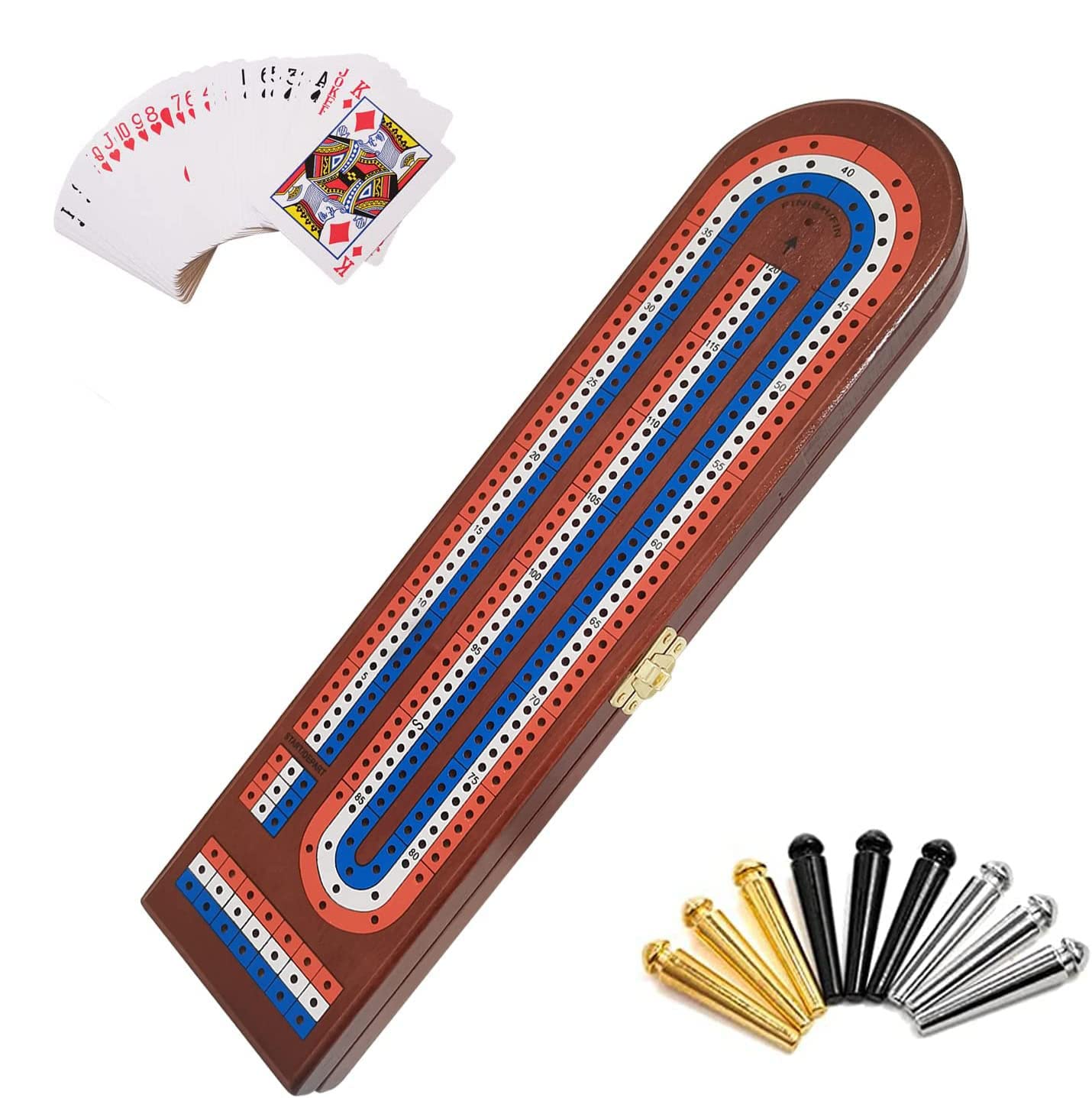 TUAHOO Cribbage Set with Metal Pegs Playing Cards, Continuous 3 Track Cribbage Board, Traditional Games for Kids Adults Family Party Fun