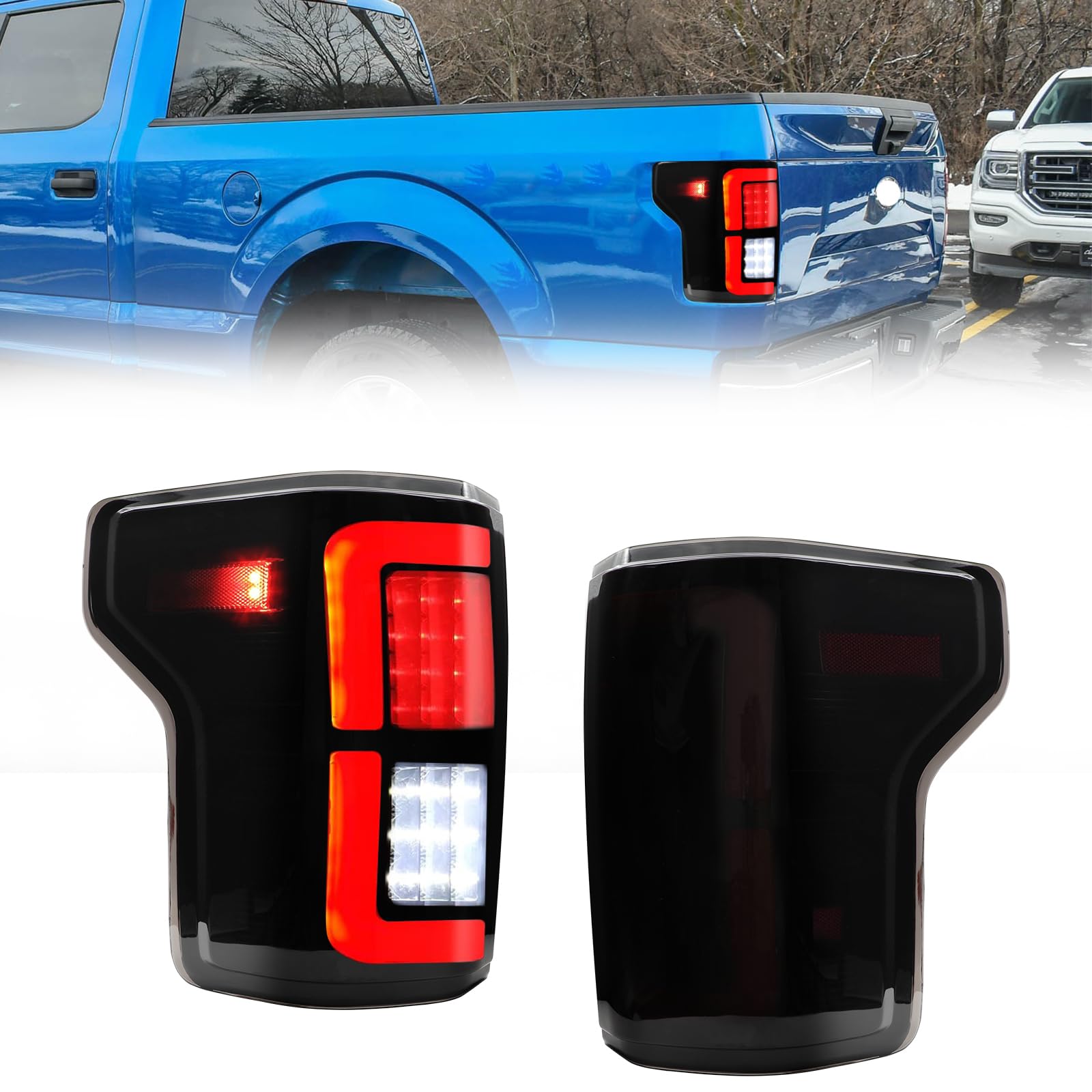 Photo 1 of LED Tail Light Assembly Compatible with 2015 2016 2017 2018 2019 2020 Ford F150 F-150 Pickup Truck Black Housing Smoked Lens Rear Lamp Brake Taillights Replacement, Driver Side + Passenger Side