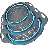 Cluren Collapsible Colander 3-Pack Set Space-Saving Foldable Kitchen Strainer with Non-Slip Base Durable Thickened PP+TPE Collapsible Strainers for Pasta, Vegetables, Fruits (Gray-Blue)