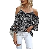 Jouica Womens Summer Cold Shoulder Tops Mesh Panel 3/4 Bell Sleeve Tees Adjustable Spaghetti Strap Loose Fit Shirts