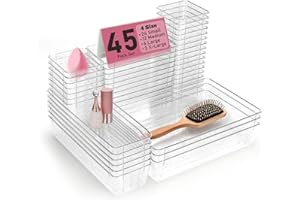 VEXTHYX Clear Plastic Drawer Organizers Set of 45 Vanity Organizers Stackable Storage Bins Dividers Bathroom Organizers Storage Vanity Organizer Bins for Makeup, Kitchen Utensils, Jewelries, Office