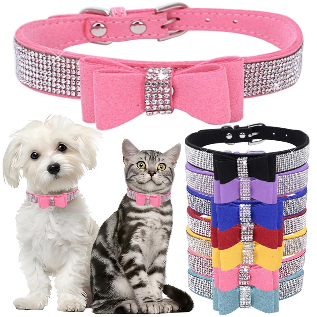 Bowtie Diamante Dog Collar, Pink Dog Collar Adjustable Girls Female Cute Sparkling Crystal Diamond Puppy Collars for Small Medium Large Dogs Pink XS