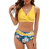 SEAFORM Womens Two Piece Swimsuits Wrap Front Bikini High Waisted Bottom Tummy Control Bathing Suits Vintage Print Swimwear
