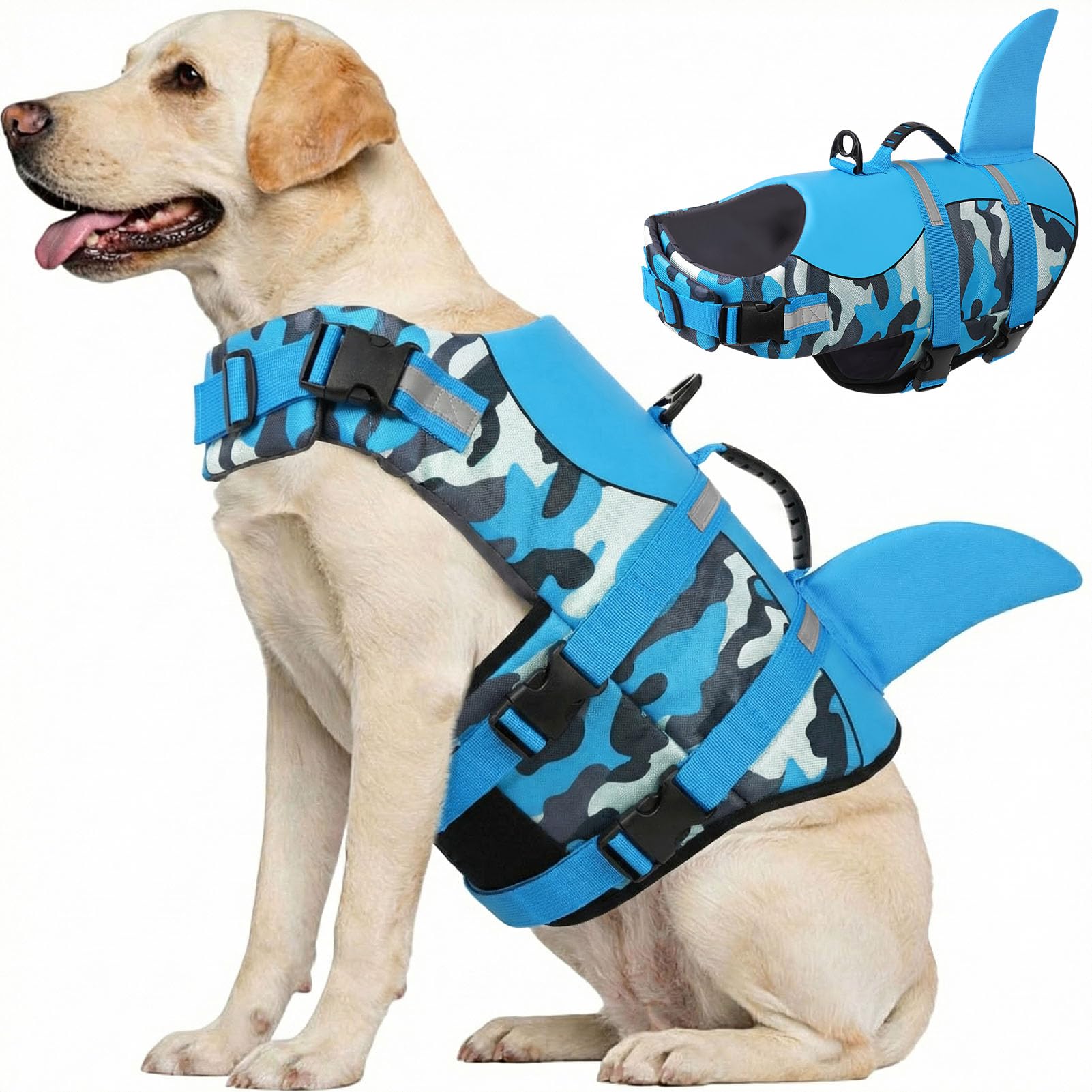 CITÉTOILE Dog Life Jacket Shark Costume, Puppy Safety Vest for Swimming Pool Beach Boating, Training Flotation Vest with Rescue Handle & Reflective Strips for Dogs, Blue Camo, XL