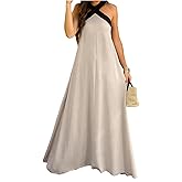OYOANGLE Women's Color Block Criss Cross Sleeveless Flowy Maxi Dress Beach Vacation Dresses