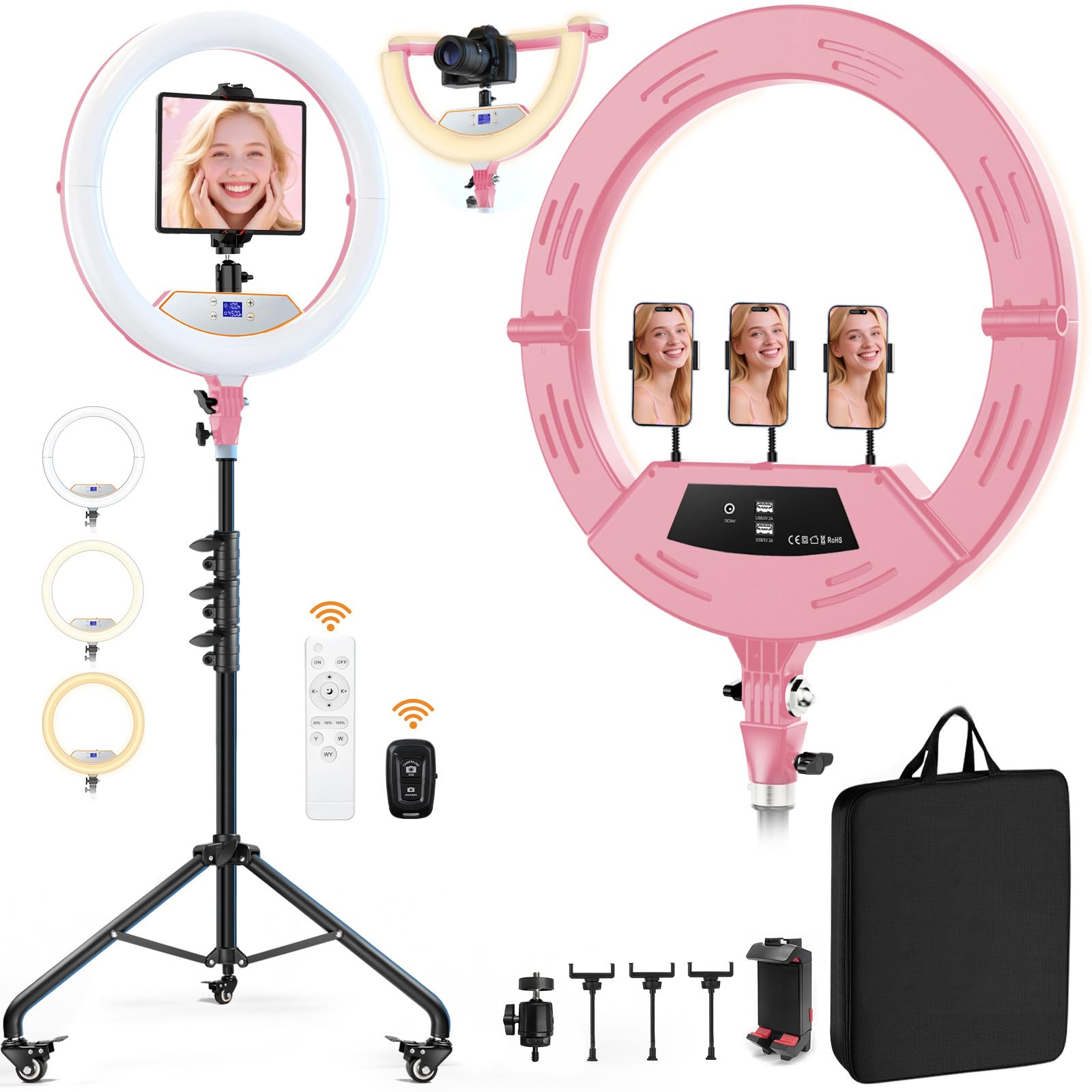 Photo 1 of 22" Foldable Ring Light with Stand for iPhone ipad, 75" Tripod with Wheels 50W 6500K LED Display/2 USB Ports Large Ringlight Rolling, Tattoo Barber Makeup Studio Video Photography Lighting(Pink)