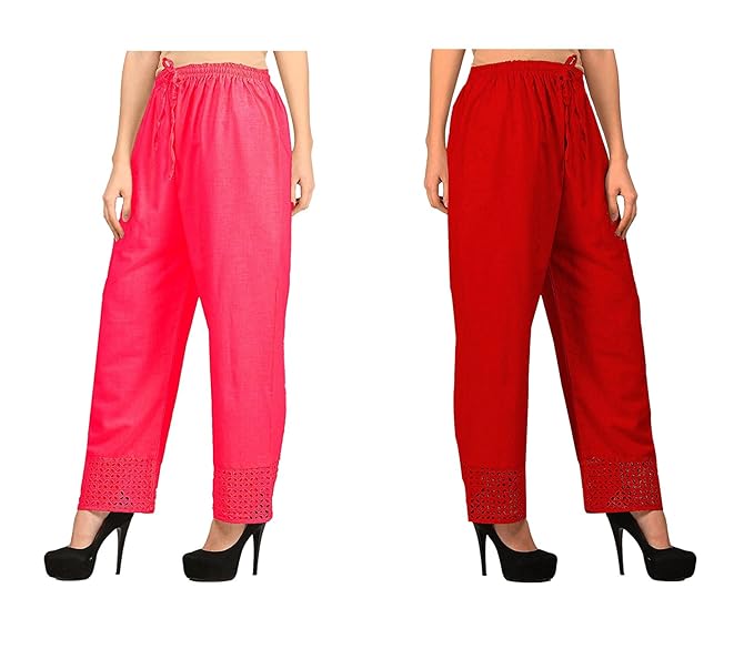 Women's Cotton Palazzo Designer Plain Casual Wear Palazzo for Women/Girl Combo Cotton Palazzo Color-Pink_ RED