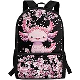 Luarisgur Axolotl School Backpack for Girls 8-10 Cute Cherry Blossom Kindergarten Elementary Middle School Book Bag for Teen Girls Kids Back to School Bag Stylish Bookbag