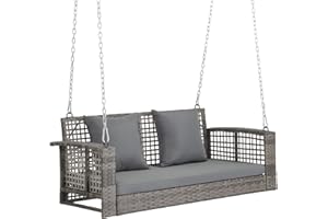 VINGLI 4 FT Rattan Porch Swing Outdoor Support 800 LBS with Cushions & Adjustable Chains, Patio Wicker Swing Bench Chair for Garden, Yard, Lawn, Tree, Grey