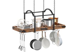 HOOBRO Hanging Pot Rack, 32-Inch Pot Hanger for Kitchen, Space-Saving Pot Hanger with 10 Detachable S Hooks, Sturdy Metal Fra