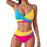 YELAIVP High Waisted Bikini Sets for Women V Neck Bathing Suit for Women Tummy Control Two Piece Swimsuits Swimwear
