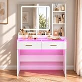King Oasis Small Vanity Desk for Women with Mirror &amp; RGB Lights | App+Remote, 6000+ Colors, Lights Pulse To Music Rhythm &amp; Timer, A Tempered Glass Top, A Charging Station And 2 Drawers