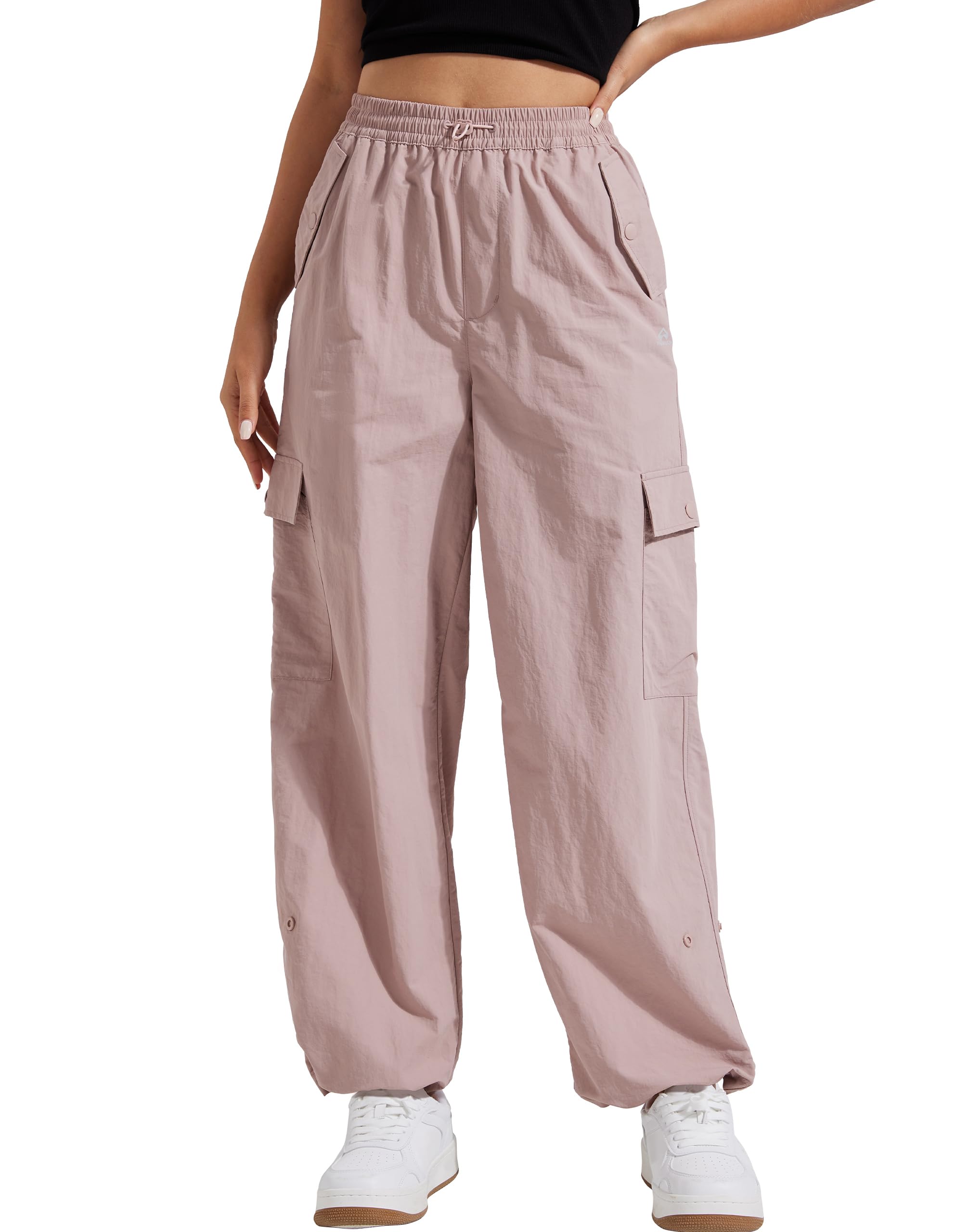 Photo 1 of Pioneer Camp Womens Parachute Cargo Pants with Pockets Baggy High Waisted Quick Dry Hiking Pants Lightweight Wide Leg Dusty Pink