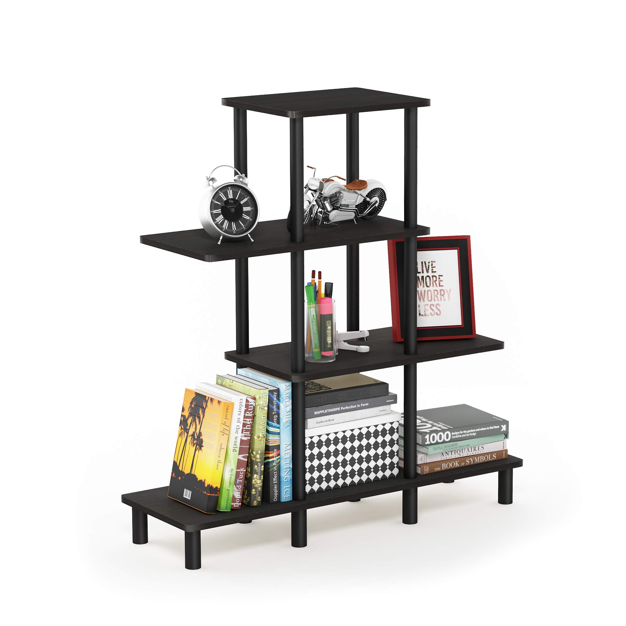 Furinno TURN-N-TUBE Storage Shelves, 4-Tier Ladder Book Shelf, Accent Display Shelf, Toolless Open Shelves, Round Tubes, for Organization and Storage, Living Room, Garage, Home Office, Espresso