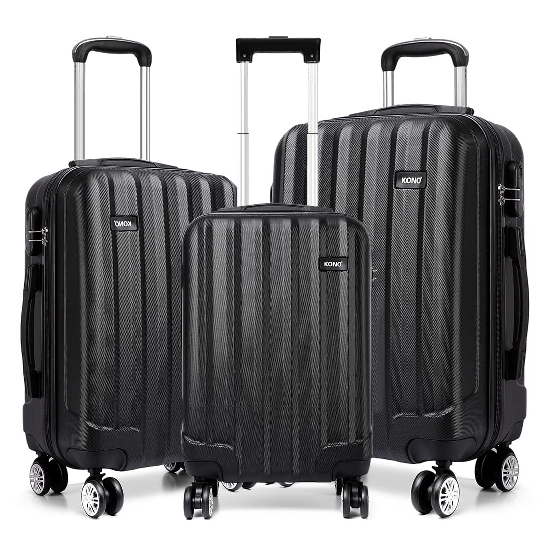 Kono Durable Hard Shell Suitcases with 4 Spinner Wheels Light Weight ABS Travel Trolley Case 19” 24” 28” (3Pcs Set, Black)