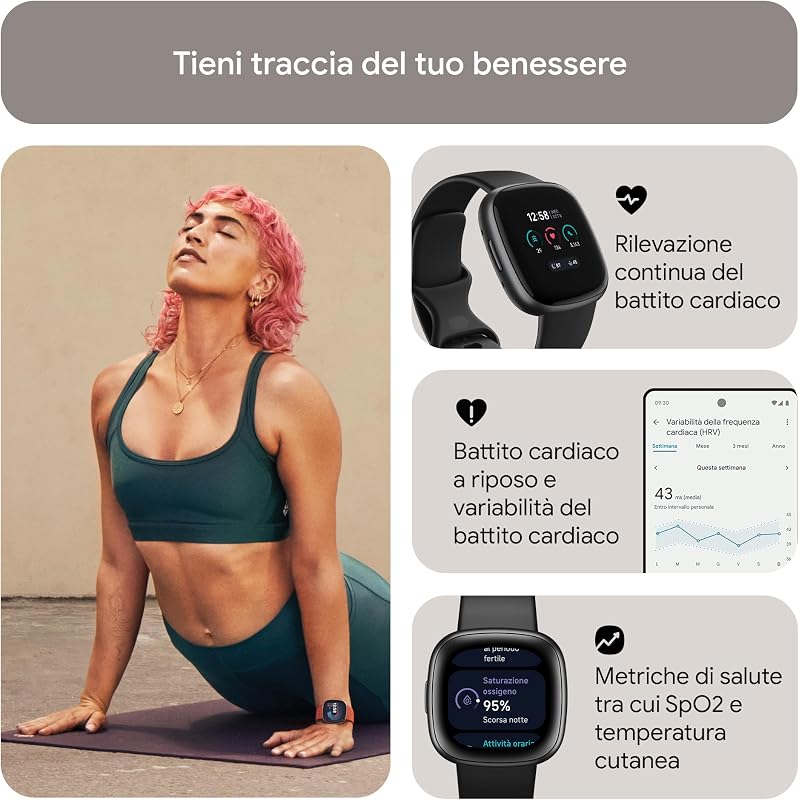 Versa 4 Smartwatch per il fitness con abbonamento Google Health Premium di 3 mesi incluso, fino a 6 giorni di autonomia e compatibile con iOS & Android, Nero / Alluminio grigio grafite