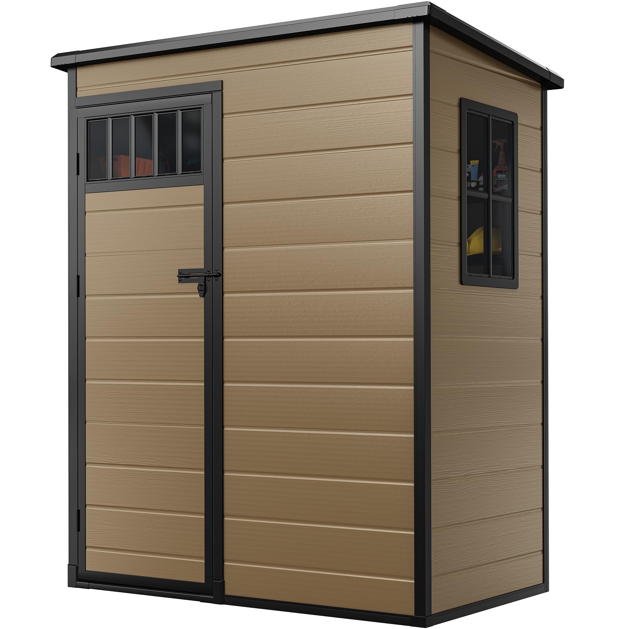 Photo 1 of **THIS IS BOX 2 OF 2-MISSING BOX 1**
DWVO 5x3FT Outdoor Storage Shed with Fence-Style and Side Windows, Floor, Lockable Doors, Plastic Storage for Backyard and Garden, Brown