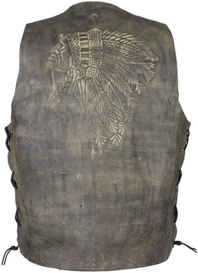 bikersgearonline MEN'S MOTORCYCLE DISTRESSED BROWN LEATHER VEST NATIVE AMERICAN EMBOSSED BACK (42 Regular)