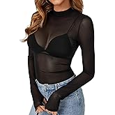 KIFOVEN Women’s Sheer Mesh Top Long Sleeve Mock Neck See Through Sexy Bodycon T Shirt Blouse Clubwear