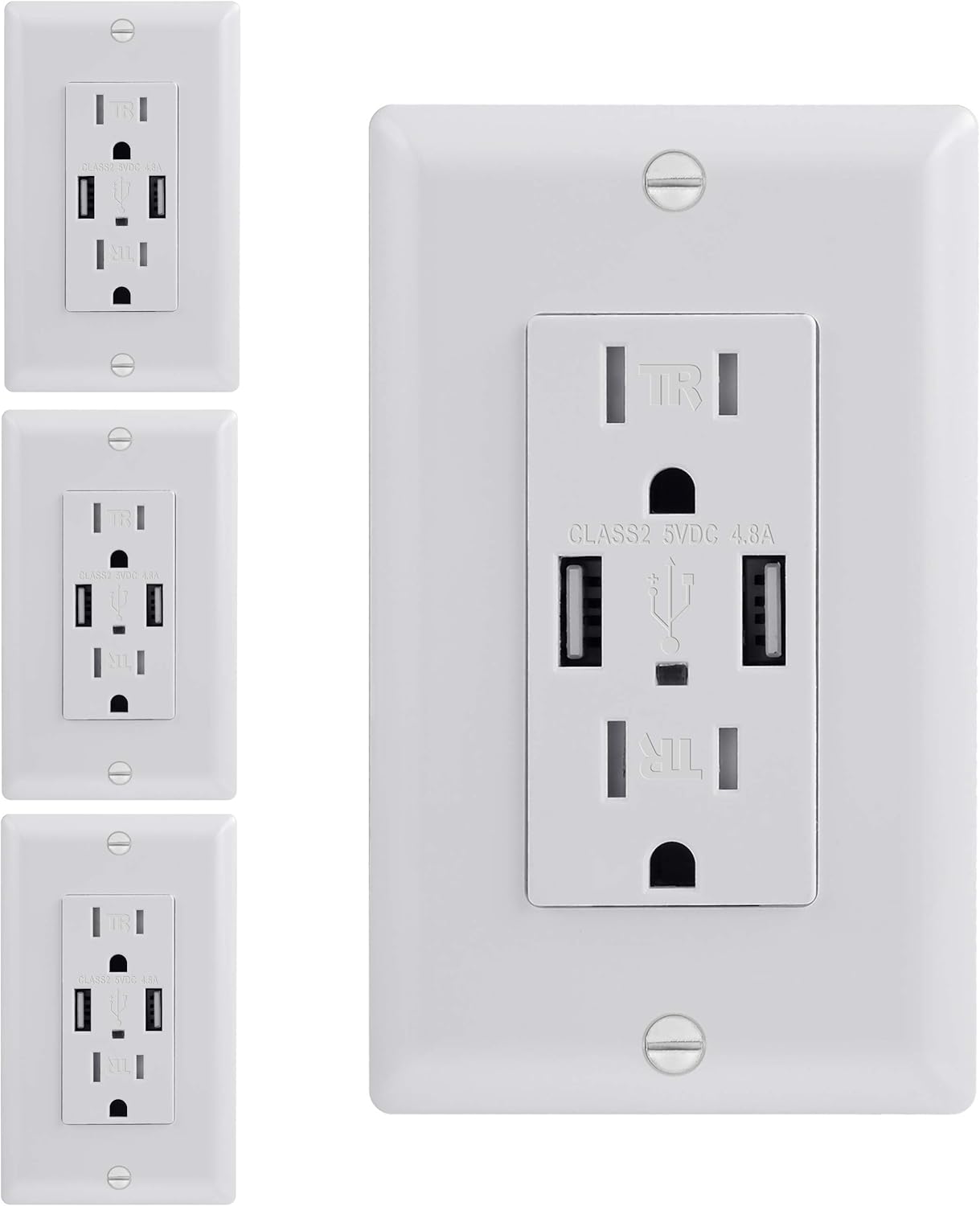 (Pack of 4) Two 4.8A USB Ports and Duplex Tamper Resistant Receptacle 15-Amp - White USB Charger Power Outlet - UL Listed High Speed Dual USB Electrical Wall Outlet - Wall Plate Included