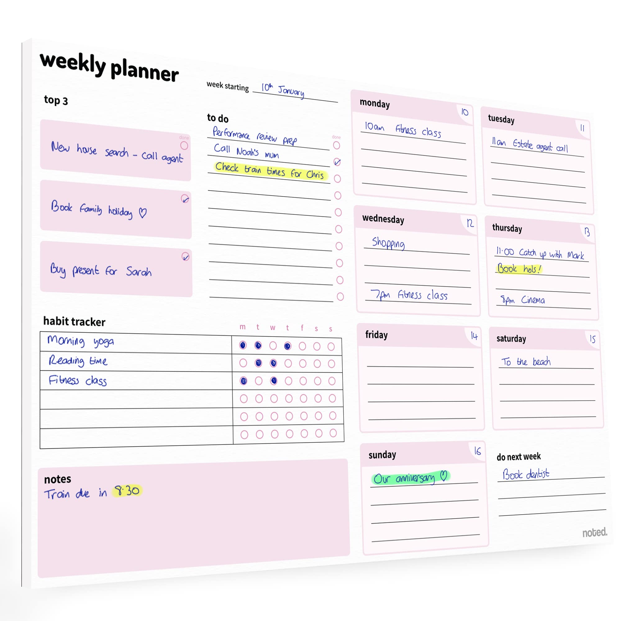 Weekly A4 Planner Pad with Daily Sections, 52 sheets, Undated Calendar, Habit & To-Do Lists - For Work, Home, and Study Revision
