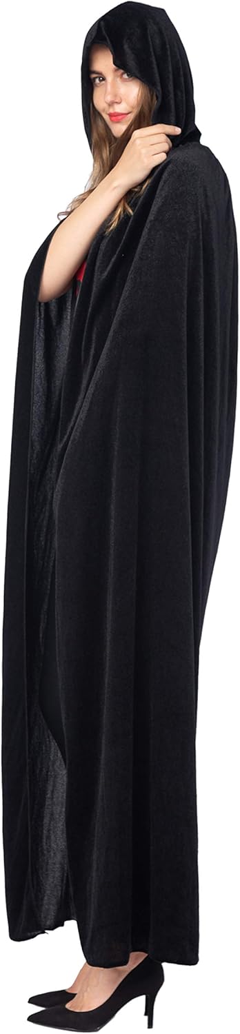 Spooktacular Creations Long Hooded Cloak Velvet Cloak Halloween Women Witch Cape Costume Accessory Black: Clothing