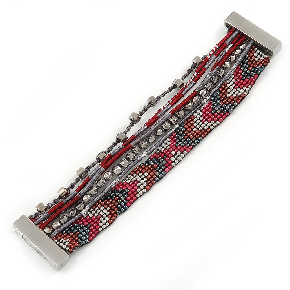 Avalaya Hematite/Silver/Dark Red Glass Bead, Silk Cord Handmade Magnetic Bracelet - 18cm L