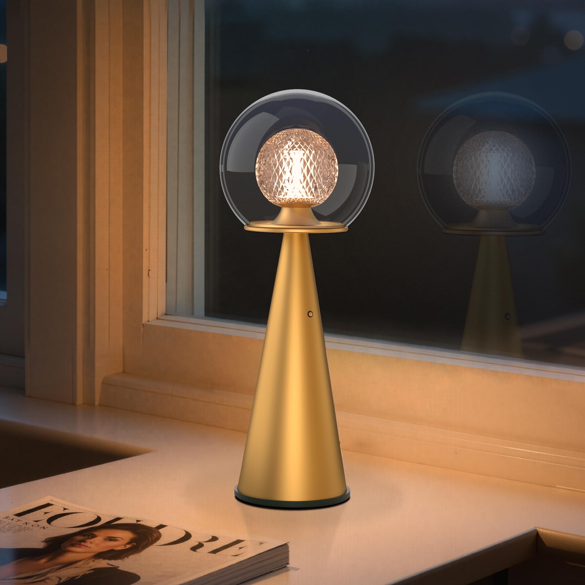 Photo 1 of Tubicen Gold Cordless Table Lamp Dual-Globe Glass Shade 8000mAh Battery Operated Rechargeable Table Lamp Portable 3 Color Stepless Touch Dimmable Desk lamp for Bedroom Bedside Restaurant Bars Coffee