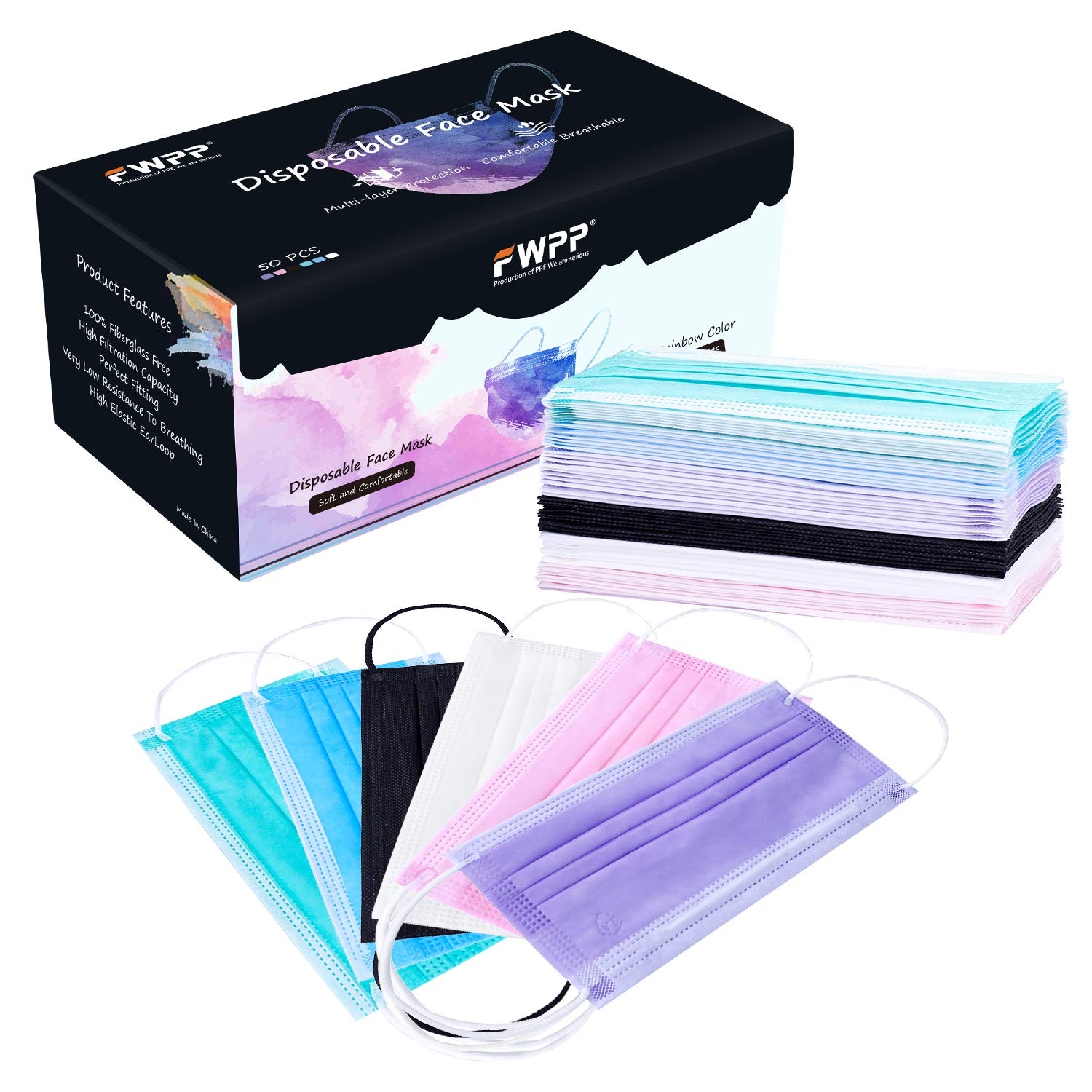 FWPP 4 Layer Thicker Earloop Disposable Face Masks 50 Pcs Rainbow Color