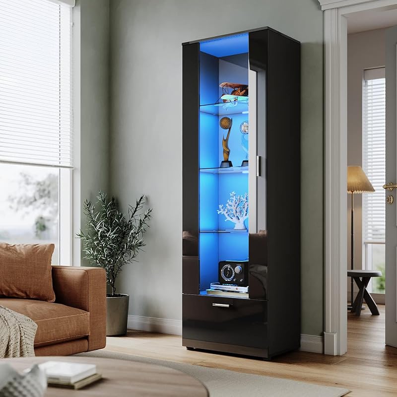ELEGANT Black High Gloss Tall Display Cabinet with LED Lighting 187x60x40cm