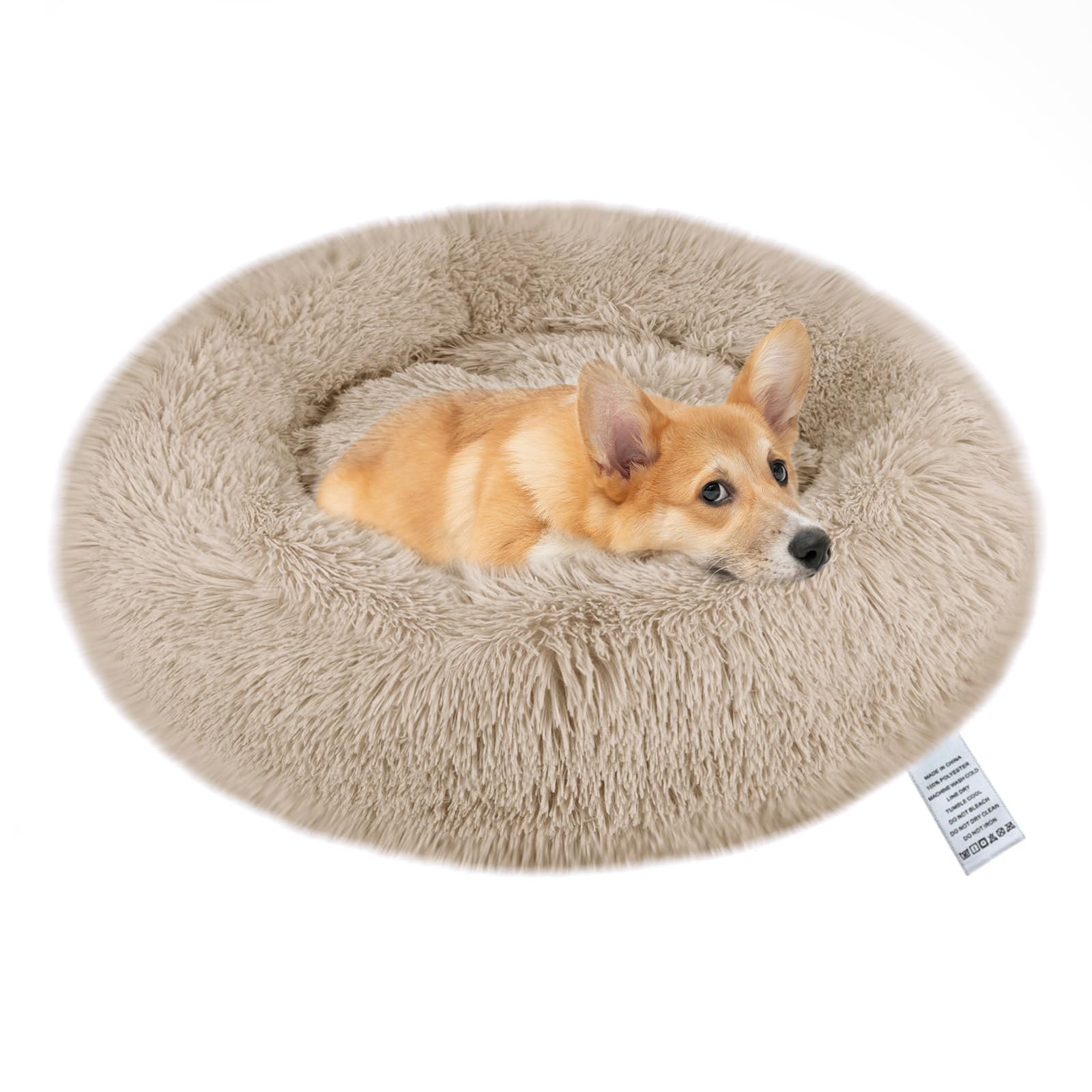 fireowl XL Dog Bed Calming - 80 * 80 * 20cm Washable Donut Cushion, Fluffy Plush Round Cat Bed, Non-Slip Bottom - Warm and Soft Faux Fur Orthopedic Pet Cosy Anti Anxiety Beds Improved Sleep, Beige