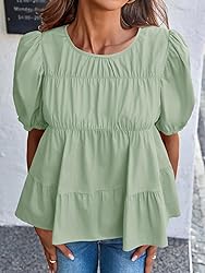 Tankaneo Womens Puff Sleeve Peplum Babydoll Tops
