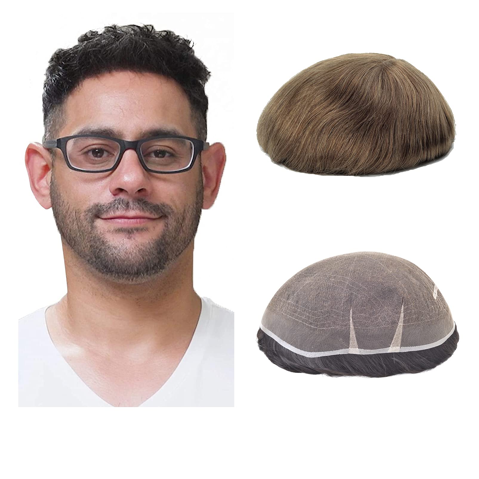 Lordhair Men's Toupee Full French Lace Hair Replacement System, Base Size 8x10 Inch Light Medium Density Hairpiece for Hair Loss Men