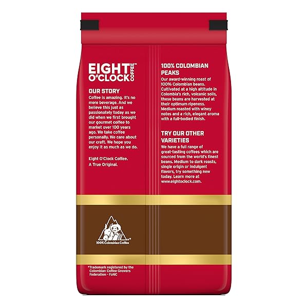 EIGHT O’CLOCK COFFEE 100% COLOMBIAN PEAKS GROUND COFFEE, MEDIUM ROAST, 20 OUNCE (PACK OF 1) – RICH, WINEY & FULL BODIED