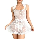 Avidlove Bow Lingerie for Women Heart Mesh Babydoll Lingerie Dress Sexy Sleepwear Lace Chemise with Belt