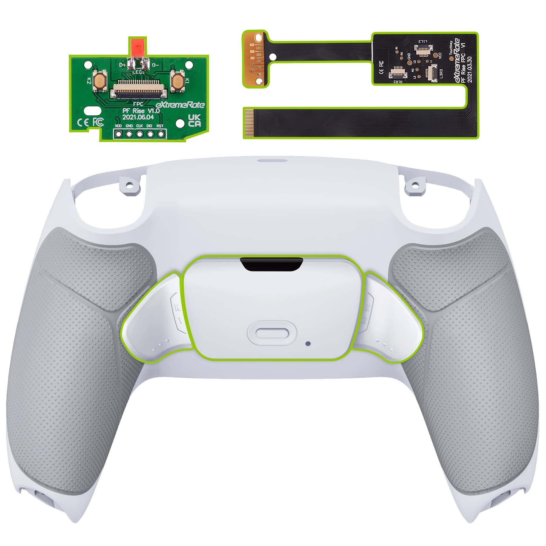 eXtremeRate Kit de reasignación programable Rise 2.0 con agarre de goma blanca para controladores PS5 modelos BDM-010 BDM-020, placa de actualización personalizada y carcasa trasera rediseñada y juego de botones traseros para controlador PS5