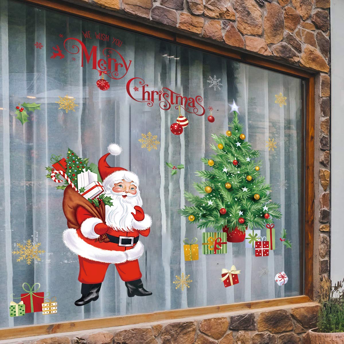 Decalmile Santa Claus & Snowflakes Wall Stickers - Christmas Tree Wall Decals for Home & Party Window & Door Decor