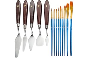 5 Pcs Palette Knives Set with 10 Pcs Painting Brushes, FineGood Stainless Steel Spatula Oil Paint Metal Knife Wood Handle and Nylon Hair Brushes for Artists Beginners