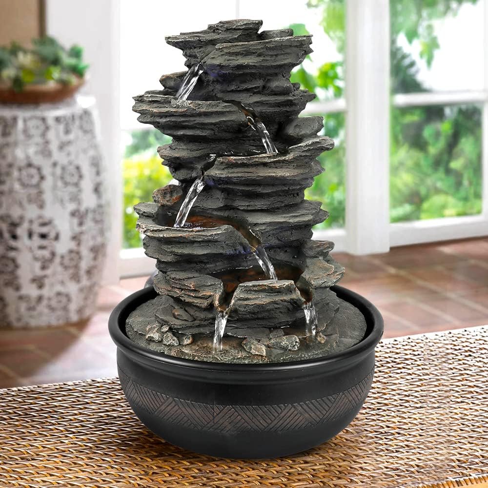 Indoor Fountains & Accessories - xpiyaer 15.7” High Rock Falls Tabletop Water Fountain with LED Lights - 5-Tier Indoor Relaxation Waterfall Fountain, Small Cascading Water Feature for Home and Office Decor Gray-1