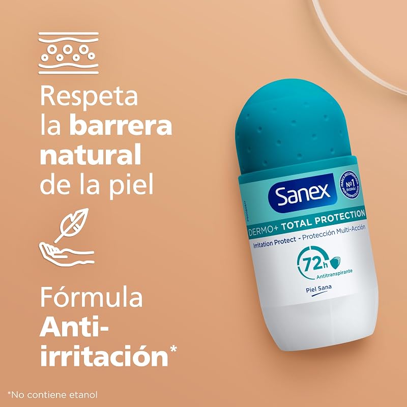 Sanex Dermo+ Desodorizante Proteção Total Antitranspirante Roll-On 72 Horas {50ml} - proteção eficaz contra o suor e mau odor - dermatologicamente testado - contém 0% de álcool* - 5 em 1 ação