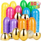 Jumlys 50 PCS 2.4" Plastic Easter Eggs, 42 PCS Empty Easter Eggs Bulk with 8 Golden Eggs, Fillable Eggs with Hinge, Perfect for Easter Hunt, Basket Stuffers Fillers and Easter Theme Party Favors