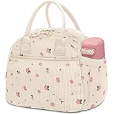 Carry bloom Lunch Box for Women, Insulated Lunch Bag Cute Corduroy Lunchbag Reusable Lunchbox for Work (2 strawberry)