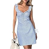 Floerns Women's Striped Summer Mini Dress Sleeveless Ruffle Trim Bow Going Out Dresses