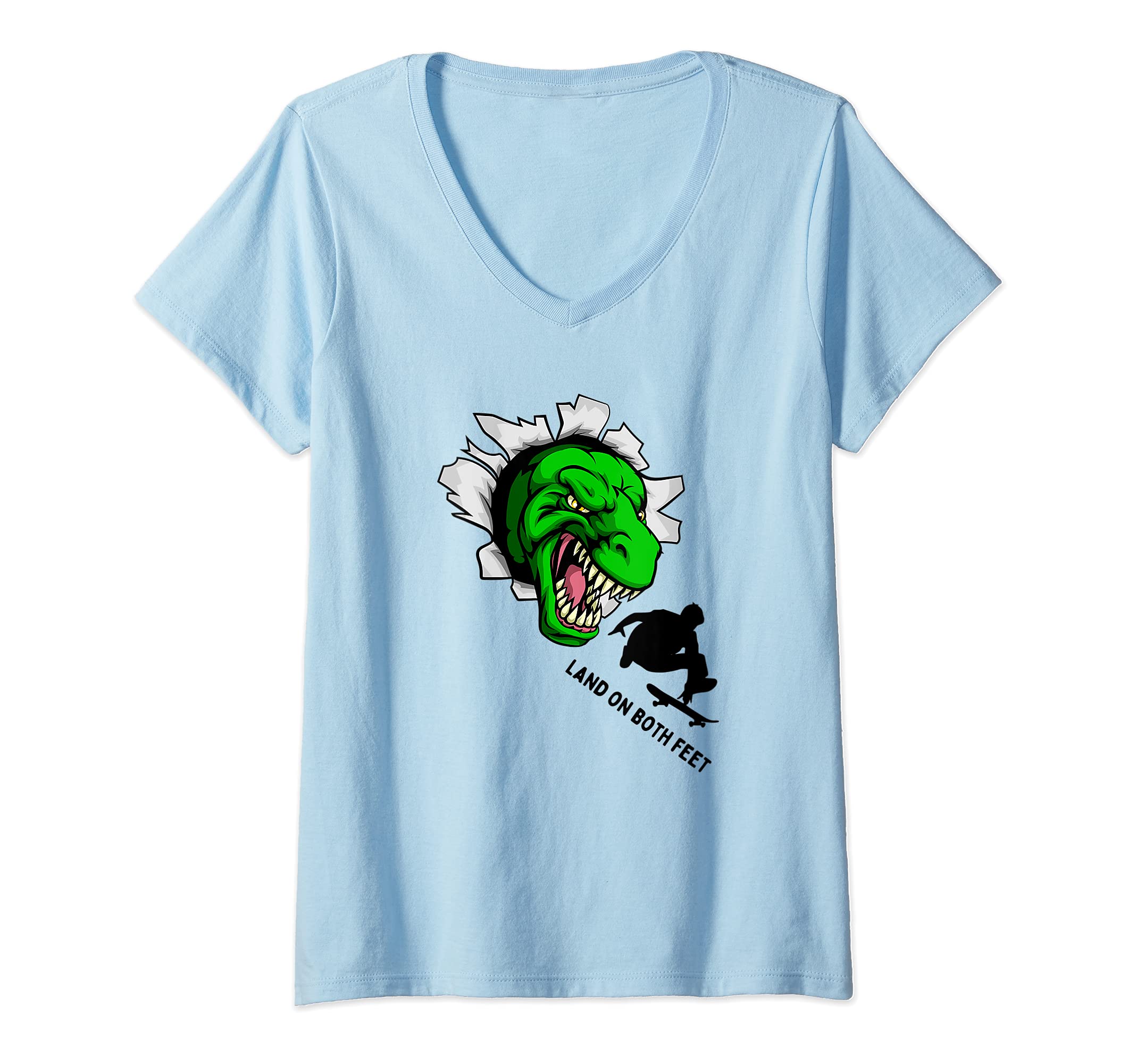 Womens Scary Dinosaur Face Skater land on both feet Pro Skateboard V-Neck T-Shirt