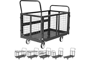 MemoryField 6-in-1 Heavy Duty Folding Platform Cart with Cage – 2000 lbs Capacity – 39x24x24 in Reinforced Steel Flatbed – Lo