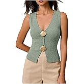 SHENHE Women's Ribbed Sleeveless Sweater Vest Gold Metal V Neck Dressy Going Out Knit Top