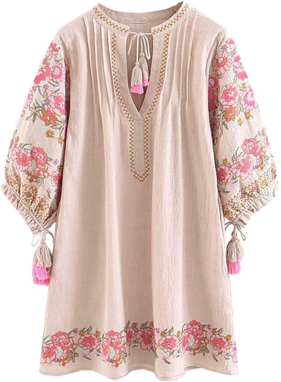 R.Vivimos Women's Autumn 3/4 Sleeve Cotton Linen Floral Embroidery Casual Tunic Dresses